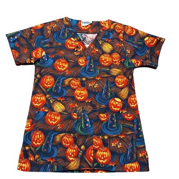 Landau Women's Halloween Themed V-Neck Short Sleeve Pullover Scrub Top - Picture 2 of 5